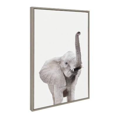 Gray Framed Canvas Print of Young Elephant with Raised Trunk, 23" x 33"