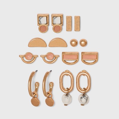 Mixed Semi-Precious Bead and Geometric Stud Earring Set 8pc - Universal Thread™ Gold