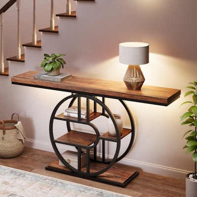 55'' Console Table for Entryway, Industrial Sofa Table, 5-Tier Accent Table with Circle Storage Shelves for Living Room, Hallway