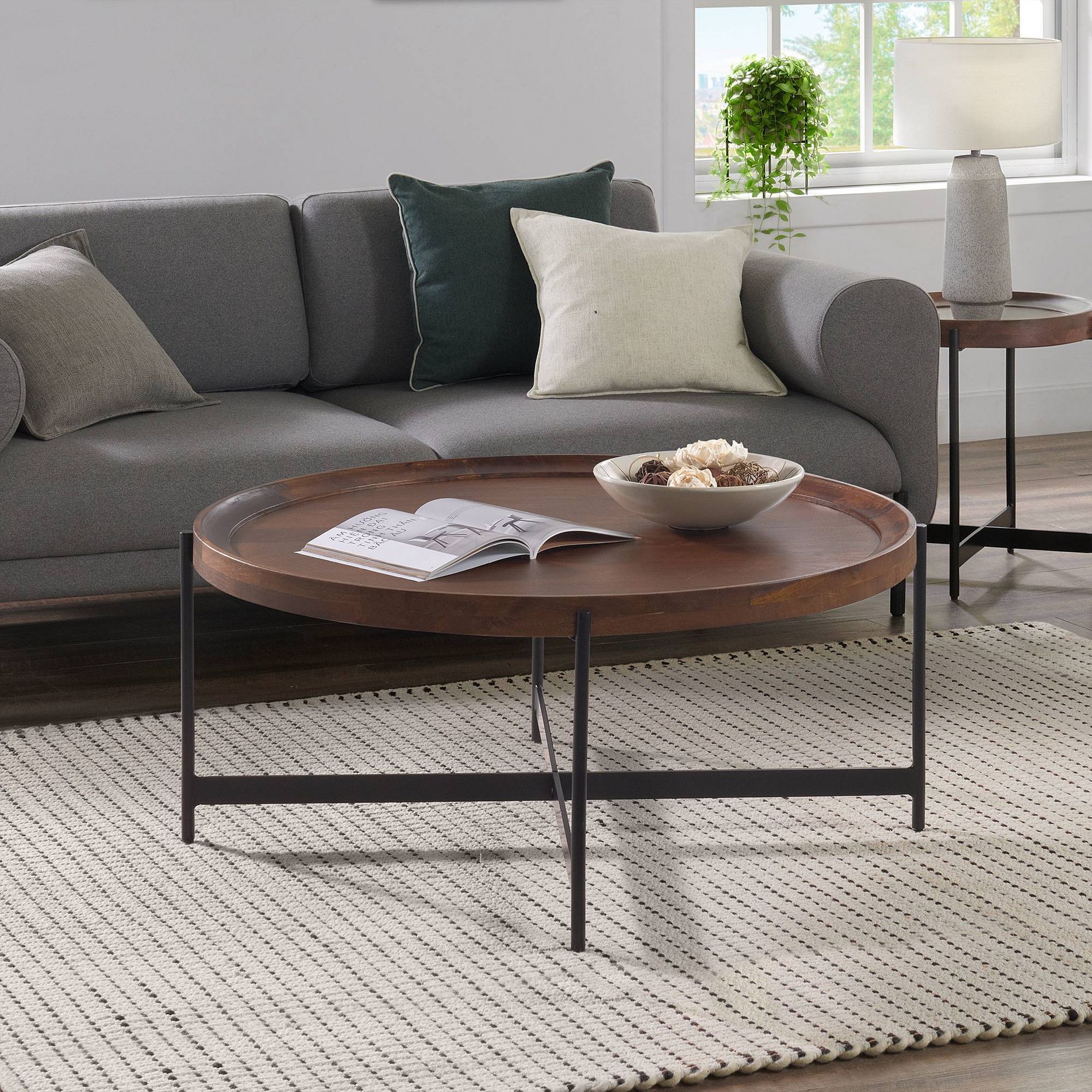 Alaterre Furniture 42" Brookline Round Coffee Table with X-Frame Metal Base Medium Chestnut: Modern Acacia Top, Steel Frame, Sofa Side Table
