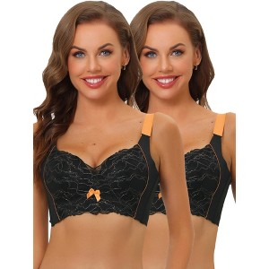 Allegra K Women's Wide Straps Push Up High Back Padded Lace Full Coverage Bralettes 2 Packs - 1 of 4