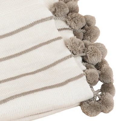 Ivory and Gray Knitted Pom-Pom Throw Blanket