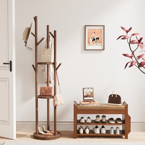 ELECWISH 31.5" Bamboo Shoe Bench with Storage - 2-Tier Shoe Rack, Hidden Drawer & Side Organizer, Brown - 1 of 4