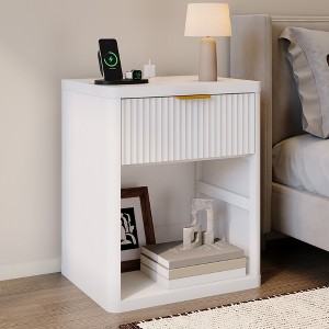 Modern Fluted Nightstand with Charging Station, Drawer Bedside Table with Open Shelf, Vintage Style for Bedroom Living Room, Light Oak & White - 1 of 4