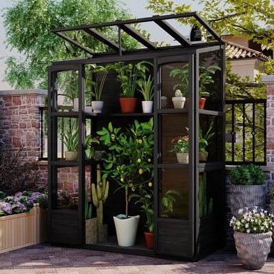 78" Walk-in Wooden Greenhouse With 4 Independent Ventilation Skylights And 2 Folding Middle Shelves, Outdoor Greenhouse