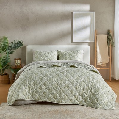 Green Floral Twin Reversible Cotton Quilt Set