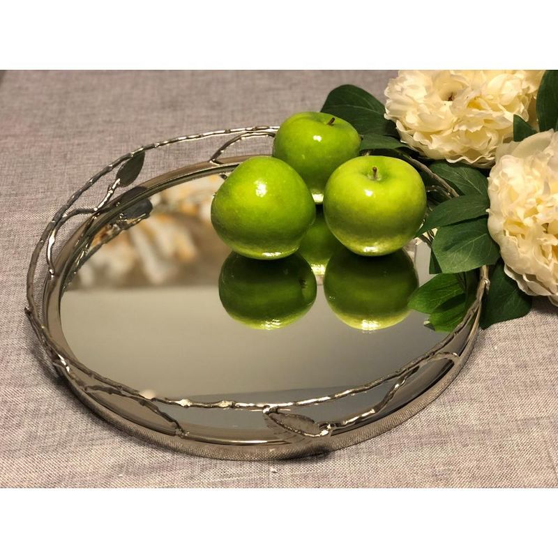 Classic Touch Round Mirror Tray With Leaf Design, 2 of 4