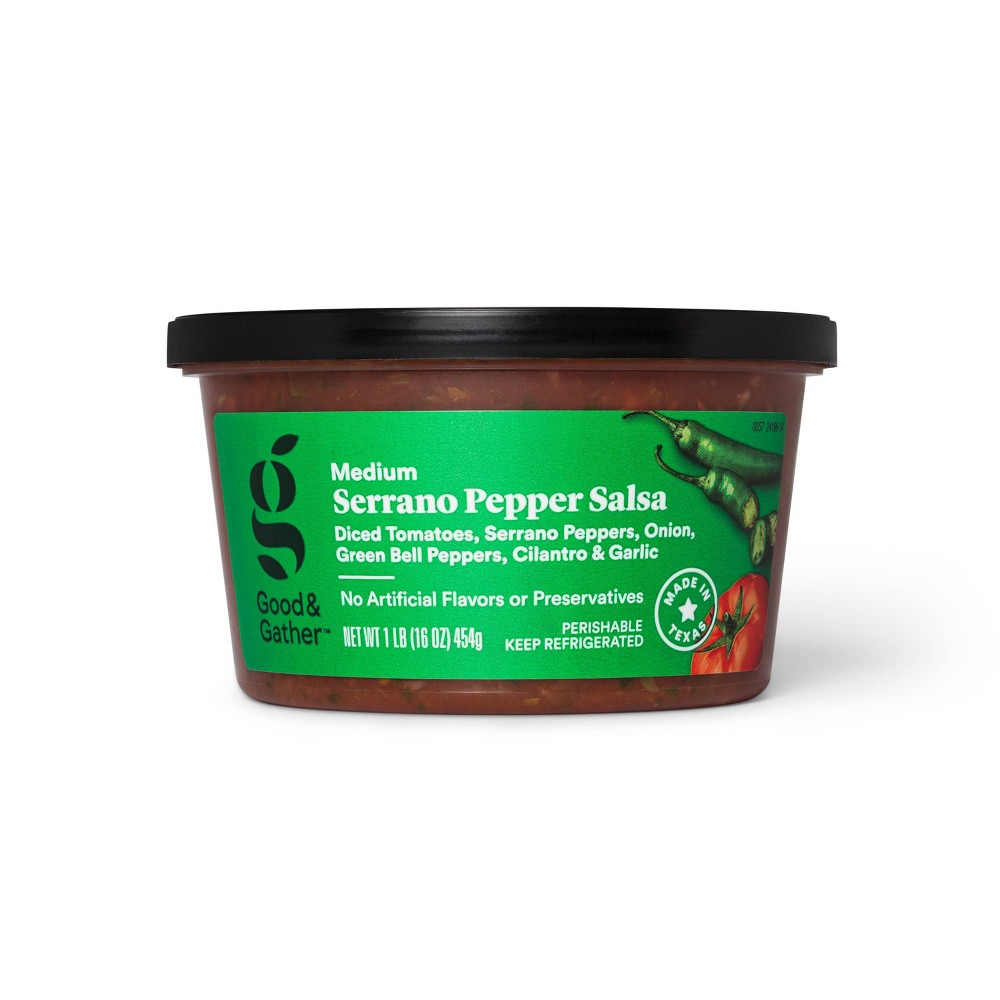 MEDIUM SERRANO PEPPER SALSA DICED TOMATOES, SERRANO PEPPERS, ONION, GREEN BELL PEPPERS, CILANTRO & GARLIC