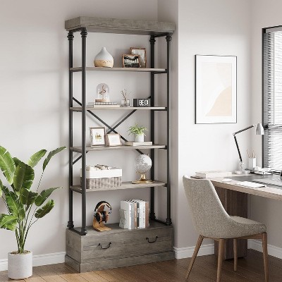 Homhougo 5 Tier Bookshelf with Cabinet Drawer, Modern Tall Open Bookcase, Wood and Metal Display Standing Shelf Unit, Farmhouse Corner Shelf