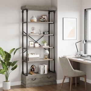 Homhougo 5 Tier Bookshelf with Cabinet Drawer, Modern Tall Open Bookcase, Wood and Metal Display Standing Shelf Unit, Farmhouse Corner Shelf - 1 of 4