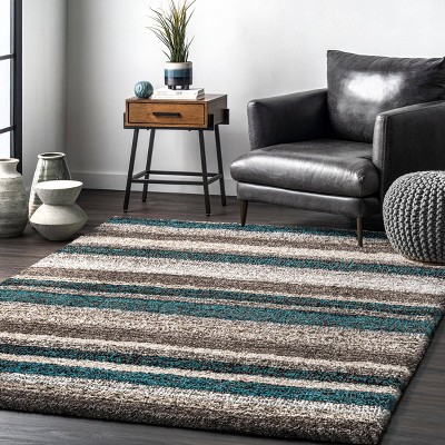Handmade Tufted Striped Blue Multi Shag Area Rug - 4'x6'