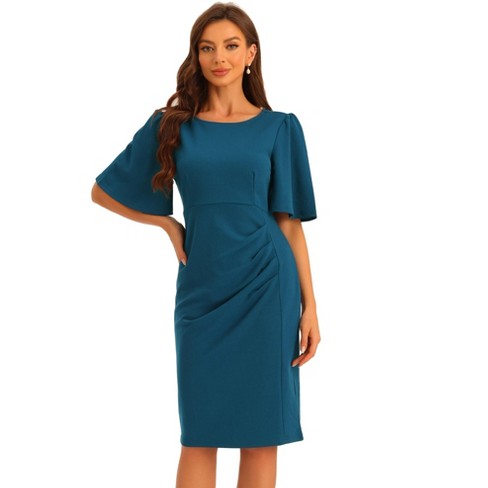 Allegra K Women's Elegant Round Neck Ruched Short Flared Sleeve Sheath ...