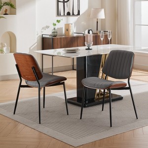 A&A Furniture, Dining Chairs Set of 2 Mid Century Modern Retro Faux Leather Chair with Walnut Bentwood Back Upholstered Seat Metal - 1 of 4