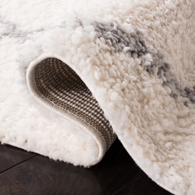 Cream and Grey Synthetic Hand-Knotted Shag Rug 27"x10"