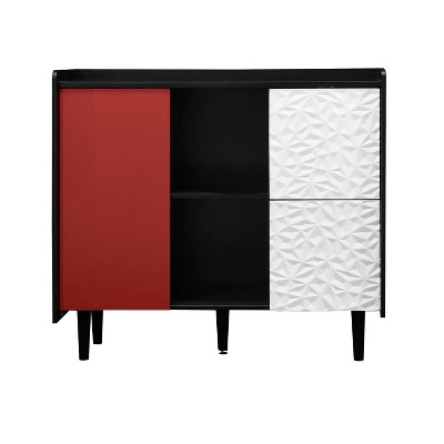 31.5 In. Sideboard Buffet Cabinet, Black Storage Cabinet with Red Doors , 2 Drawers with unique panel styling and 2 Open Storage Compartment