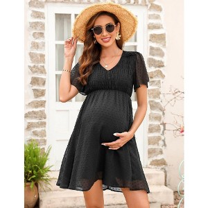 YesFashion Women's Summer Maternity Dress Swiss Polka Dot Short Sleeve V Neck Midi Dress Casual A Line Dress for Babyshower - 1 of 4