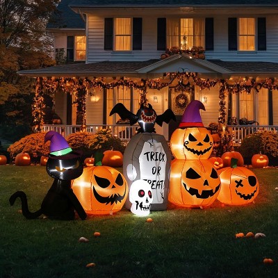 8ft Halloween Inflatable Outdoor Decorations Pumpkin, Halloween Blow Ups Pumpkin Decor with Black Cat Bat Tombstone Built-in LED for Home Dedor