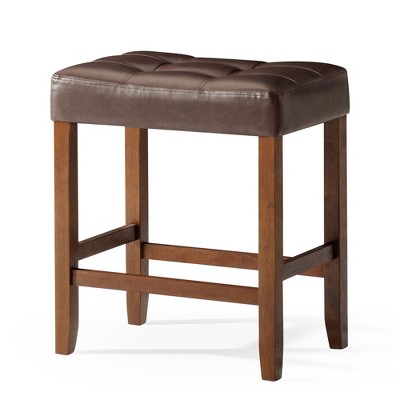 A La Carte Harper Kitchen Stool in Wood Finish with Distressed Brown Vegan Leather, Set of 2