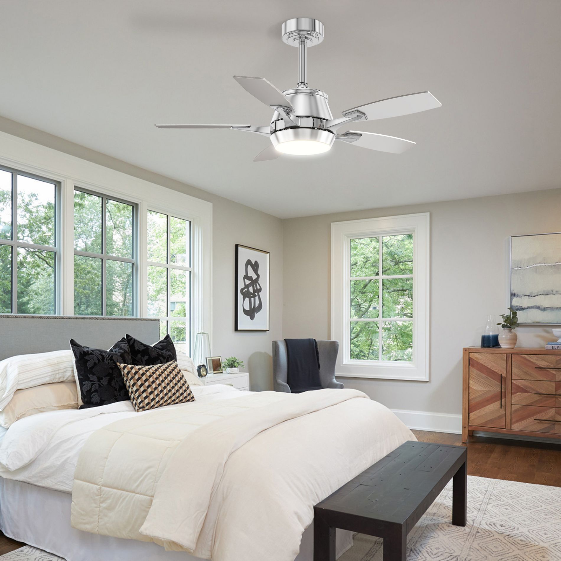 Siljoy 42" Modern Ceiling Fan with Light, DC Reversible Motor, Smart APP & Remote Control, Whisper Quiet, Dimmable LED for Bedroom Living Room