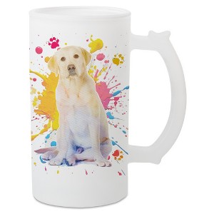 100 North Freezable Beer Stein Mug With Thumb Grip Handle, 16 Ounce Frosted Glass, Yellow Labrador Paint Splatter - 1 of 4
