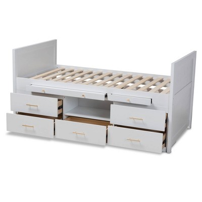 White Twin Wood Frame Storage Bed with Pull-Out Desk