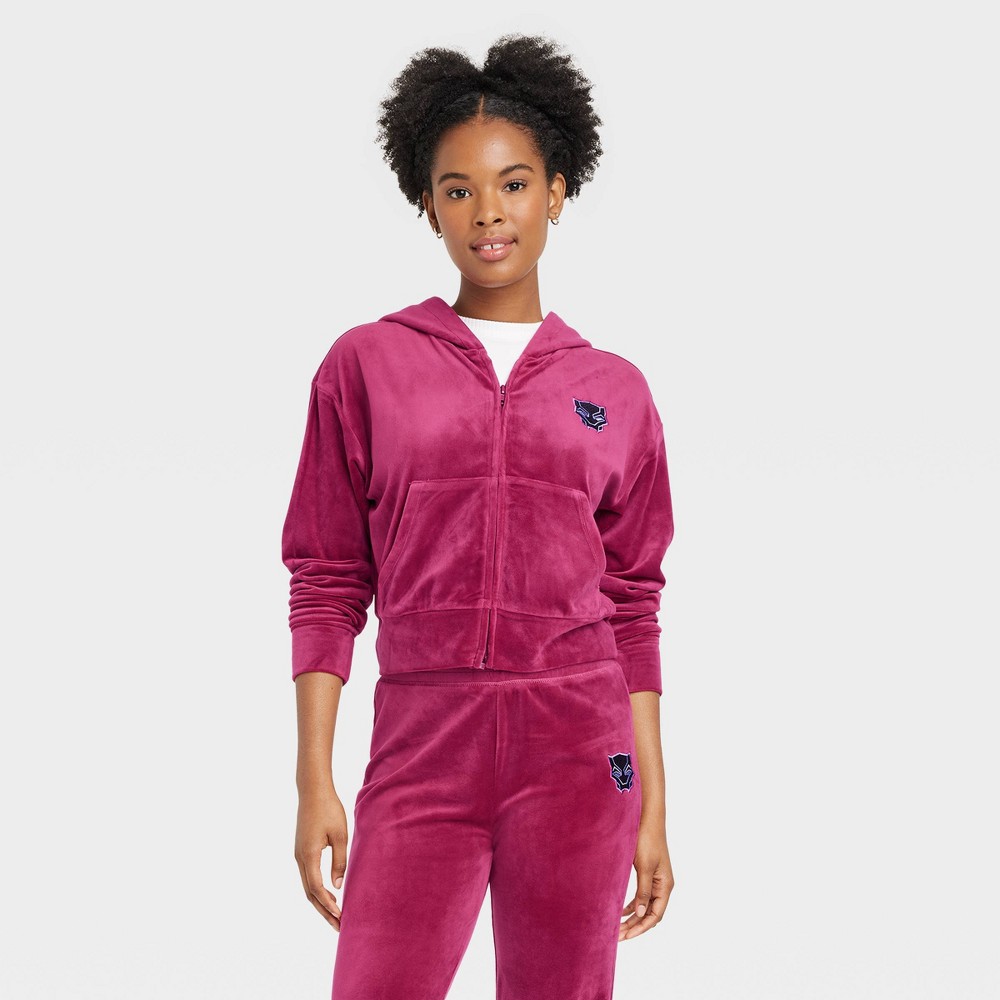 Women's Marvel Wakanda Forever Velour Graphic Zip-Up Hoodie - Berry Red XL