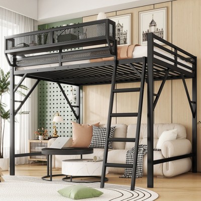 Lycvki Metal Loft Bed with Ladder and Storage Shelves