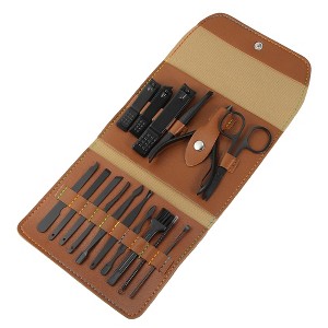 Unique Bargains Manicure Set with PU Leather Case Personal Care Tool Kits Stainless Steel Pedicure Set Black 16pcs - 1 of 3