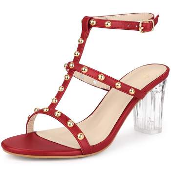 Perphy Studded Heel Ankle T-Strap Chunky Clear Heels Sandals for Women