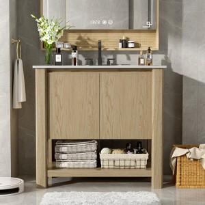 TiramisuBest 30"Antique Bathroom Vanity with Ceramic Sink,Mid-Century Modern Cabinet,2 Soft-Close Doors,Large Storage,Retro Freestanding,Brown - 1 of 4
