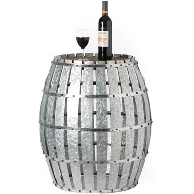 Vintiquewise Round Wooden Rustic Wood and Galvanized Metal Barrel Shaped Side Table, Riveted Metal Strips