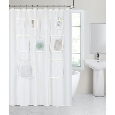 Waterproof Fabric Shower Curtain Or Liner With 9 Storage Pockets