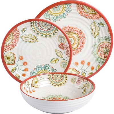 Brick Red Floral Melamine Dinnerware Set, Service for 4
