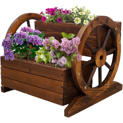 YONWAY Wooden Wagon Planter Box, Garden  with Wheels, Decorative Planter for Flowers Herbs Vegetables