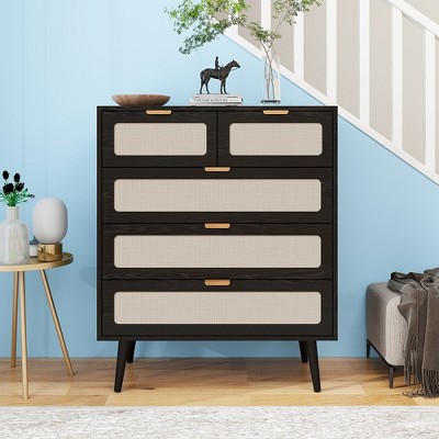 5 Drawer Cabinet Accent Storage Cabinet Wood Office File Cabinet Engineered Rattan Storage Dresser Chest For Living Room Bedroom Dining Room