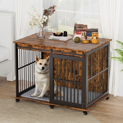 Munora Furniture Dog Crate with Sliding Iron Door and Mat (Rustic Brown, 43.7"W x 30"D x 33.7"H)