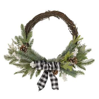 Nearly Natural 20 in. Holiday Winter Greenery, Pinecone and Berries with  Plaid Bow Arrangement