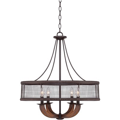 Franklin Iron Works Bronze Pendant Chandelier 22" Wide Rustic Farmhouse Mesh Drum Hardwood Arm 4-Light Fixture Dining Room House