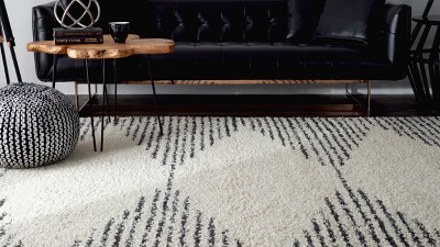 Off-White Synthetic Square Shag Rug with Braided Tassels