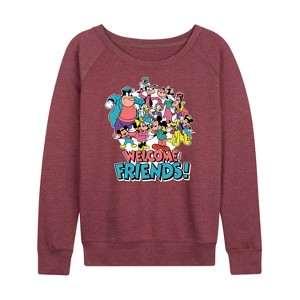 Women's - Disney - Welcome Friends Lightweight French Terry Wide Neck Long Sleeve Shirt - 1 of 4