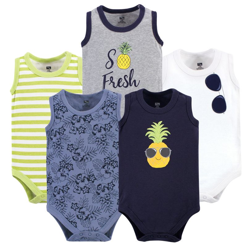 Hudson Baby Infant Boy Cotton Sleeveless Bodysuits 5pk, Pineapple, 1 of 6