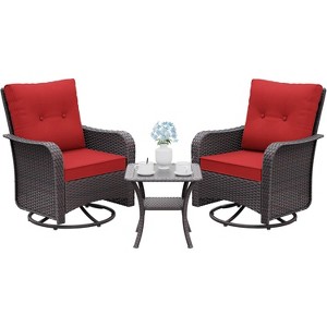 ALAULM 3 Pieces Patio Swivel Rocker Wicker Chairs-Outdoor Swivel Rocking Chairs with 1 Rattan Coffee Table&2 Red Thickened Cushions - 1 of 4
