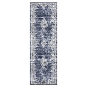 2 x 6 ft Polyester  Imitation Gray Blue Rectangular Hallway Bathroom Entryway Kitchen Office Foldable Flower Printed  Washable Area Ru - 1 of 4