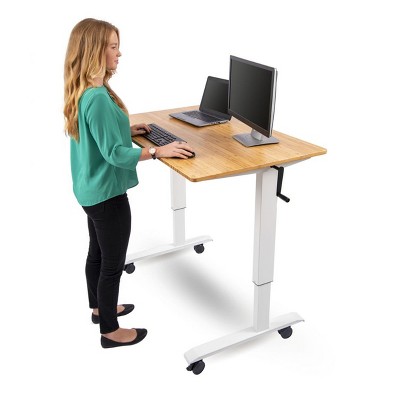 Stand Up Desk Store 48 Crank Adjustable Height Split Level Drafting Table Ergonomic Desk with Monitor Shelf (White/Birch)