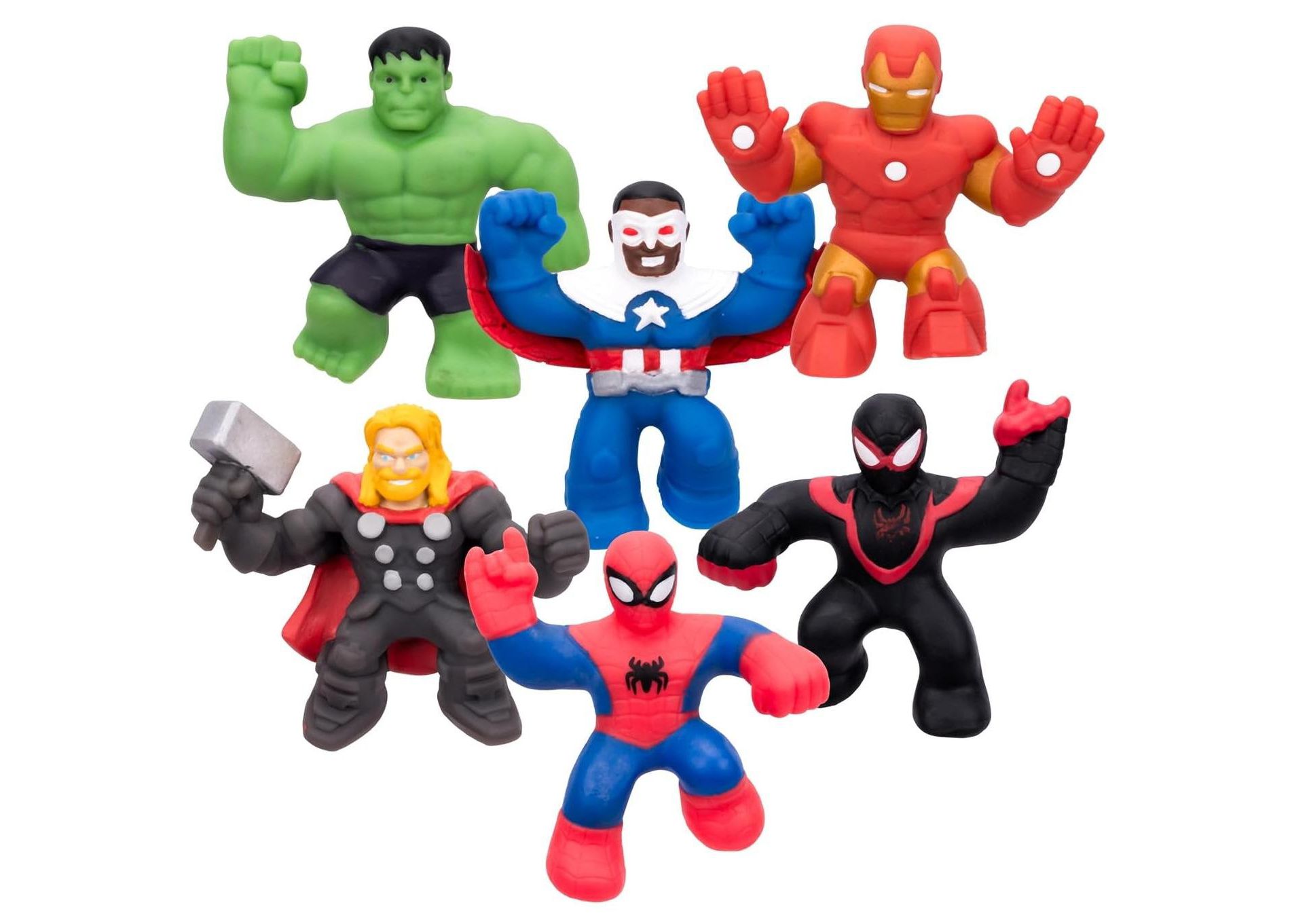 Goo Jit Zu Marvel Minis 6-Pack – Squishy Stretchy 2.5” Marvel Superhero Toys Figure Set Includes Thor, Venom, Iron Man, Sam Wilson, Hulk, Spider-Man