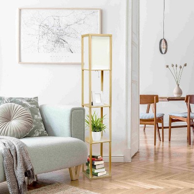 Tan Multifunctional Floor Lamp with Linen Shade and Storage Shelves