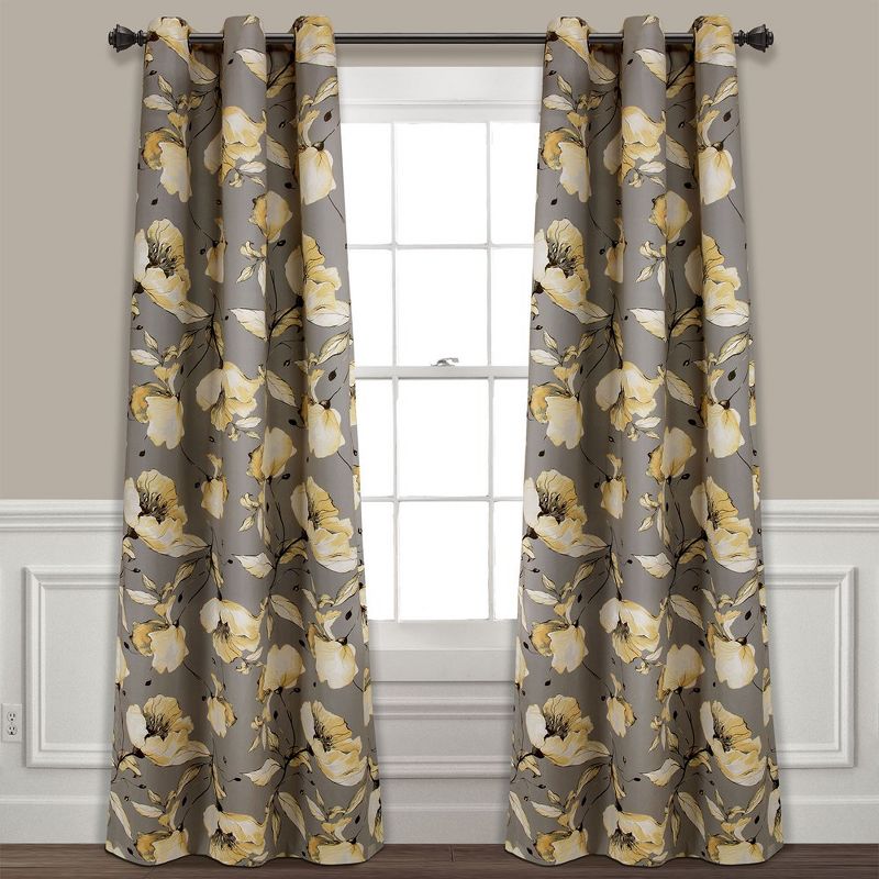 Delsey Floral Absolute Blackout Window Curtain Panels Yellow/Gray 76X84 Set Each 38X84, 1 of 7