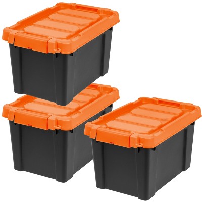 IRIS 5 Gallon Store-It-All Tote, 3 Pack, Black Body with Orange Lid and Buckles