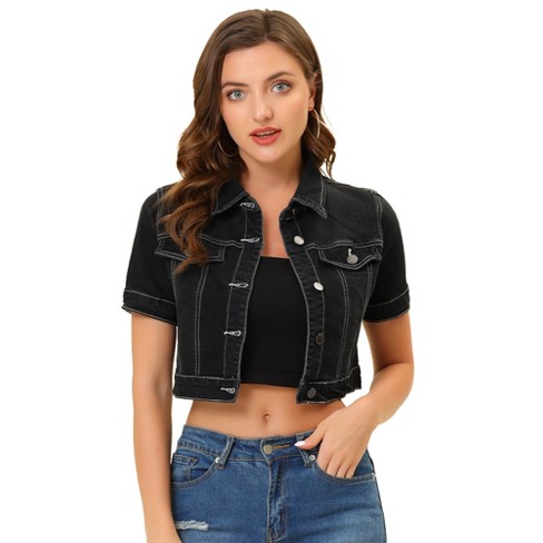 Allegra K Women s Casual Short Sleeves Crop Jean Denim Jacket