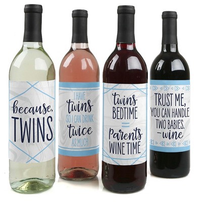 Big Dot of Happiness It's Twin Boys  - Blue Twins Baby Shower Decorations for Women and Men - Wine Bottle Label Stickers - Set of 4